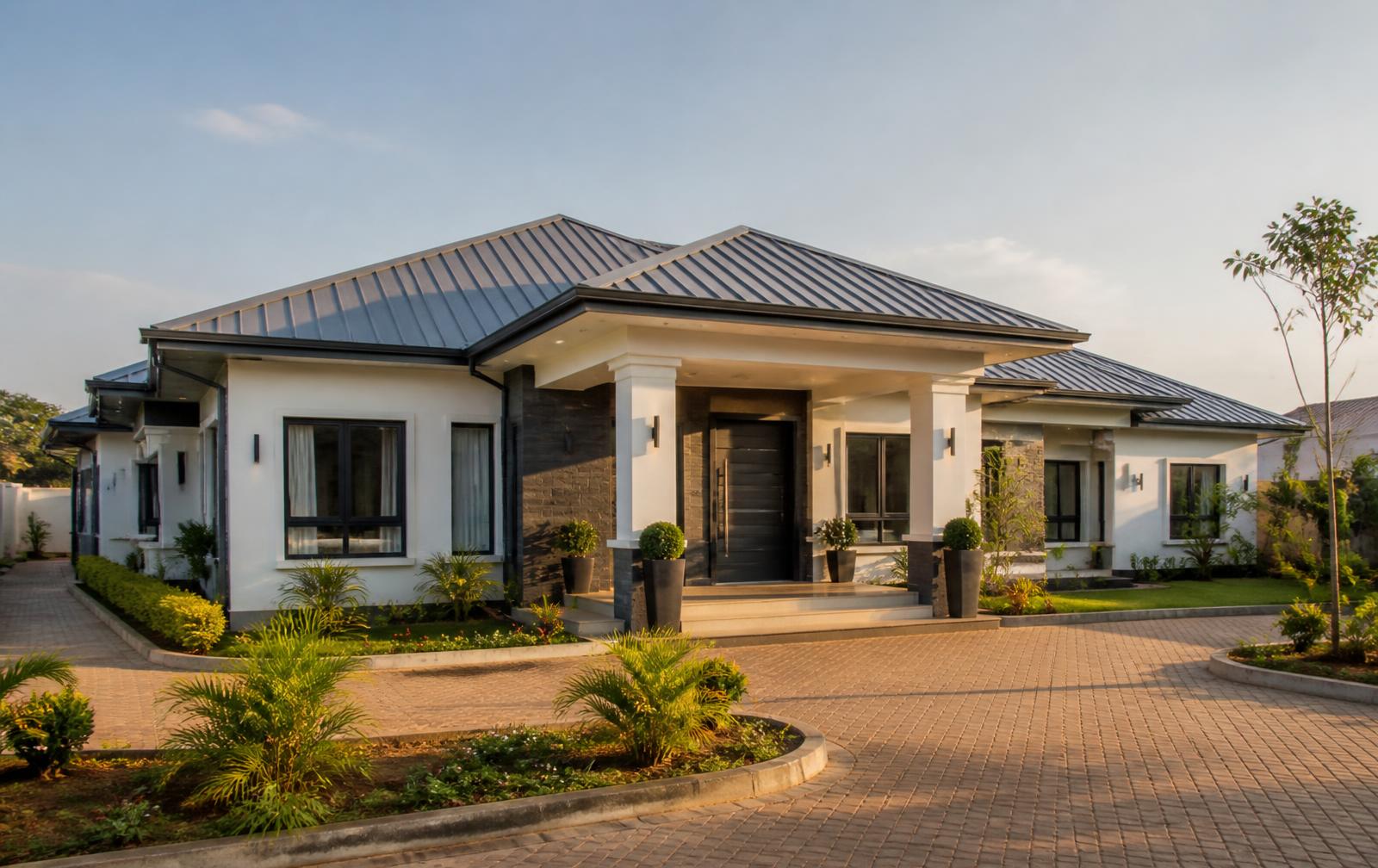 Modern Kenyan home roofed with charcoal box profile mabati